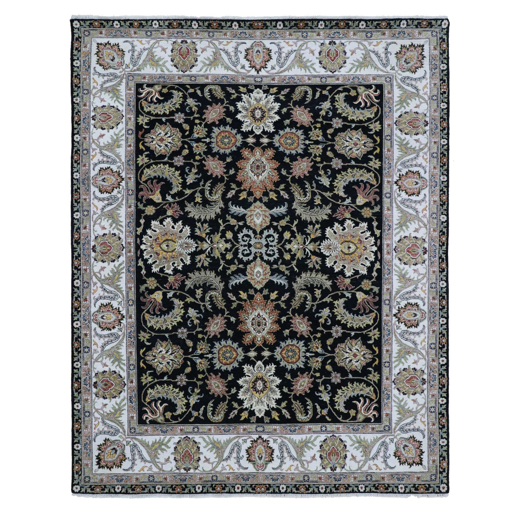 Clare Black, Hand Knotted Vegetable Dyes, Agra Organic Wool and Scroll and Large Leaf Design, Oriental Rug